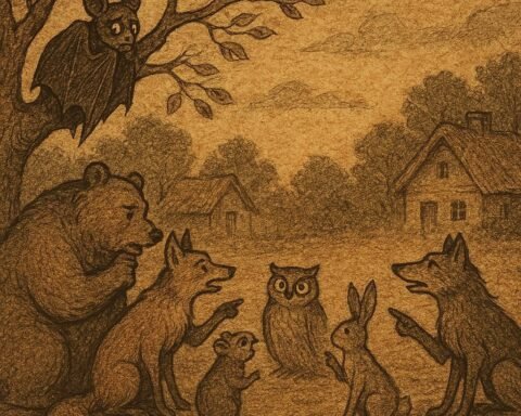 Parchment-style illustration of Bat fleeing into night sky as animals watch angrily, Nigerian folktale explaining his flight.