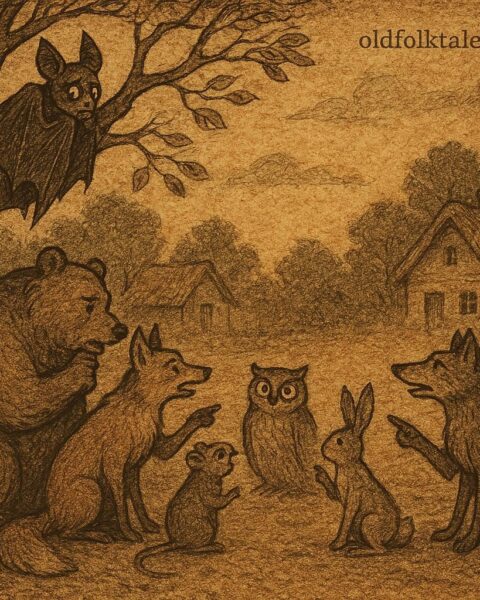 Parchment-style illustration of Bat fleeing into night sky as animals watch angrily, Nigerian folktale explaining his flight.