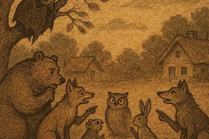 Parchment-style illustration of Bat fleeing into night sky as animals watch angrily, Nigerian folktale explaining his flight.