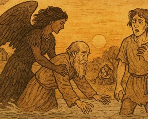 Parchment-style illustration of Mawu’s messenger with companion, tragic deeds, and divine justice in a Dahomey folktale from Benin.