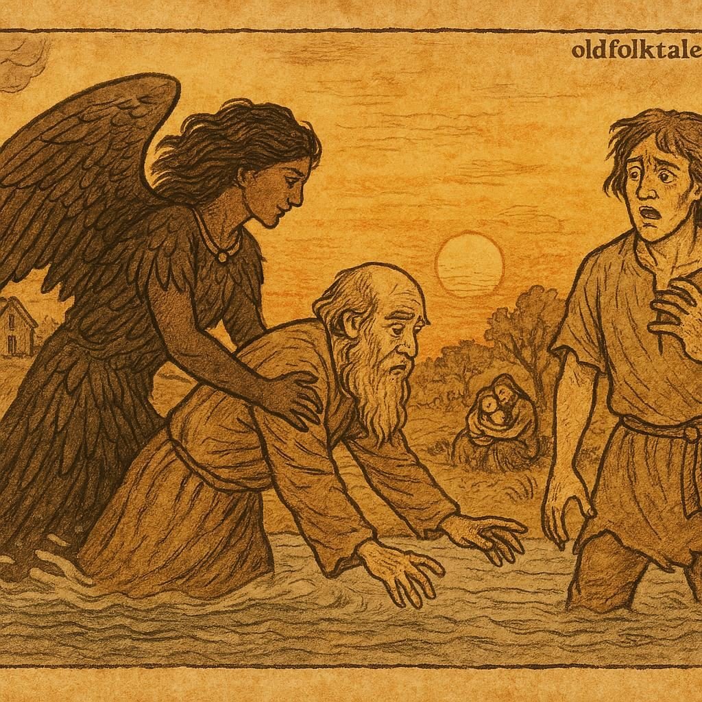 Parchment-style illustration of Mawu’s messenger with companion, tragic deeds, and divine justice in a Dahomey folktale from Benin.