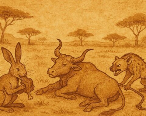 Parchment-style illustration of hare with millet sack and hyena spilling ashes, Senegalese folktale.