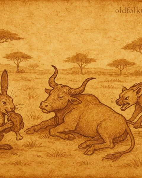 Parchment-style illustration of hare with millet sack and hyena spilling ashes, Senegalese folktale.