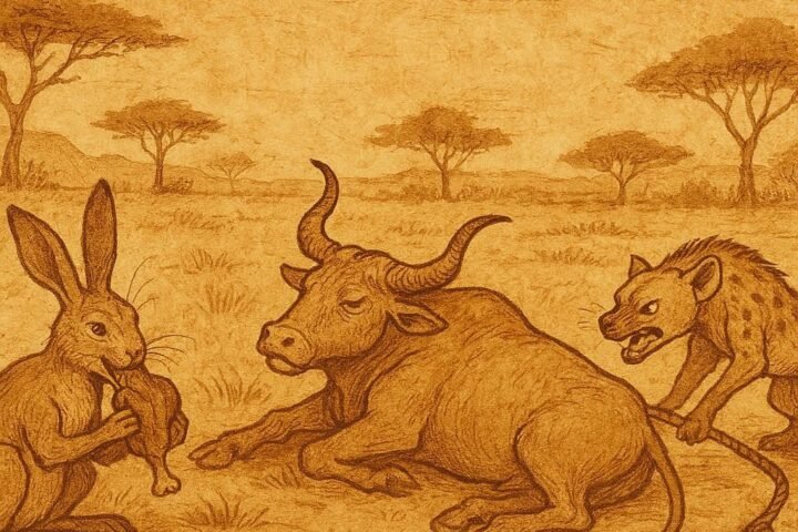 Parchment-style illustration of hare with millet sack and hyena spilling ashes, Senegalese folktale.