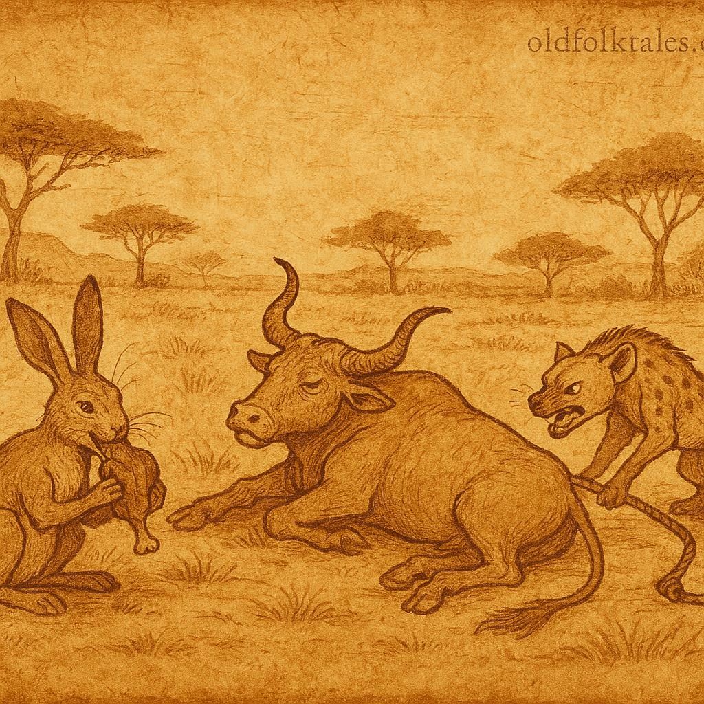 Parchment-style illustration of hare with millet sack and hyena spilling ashes, Senegalese folktale.