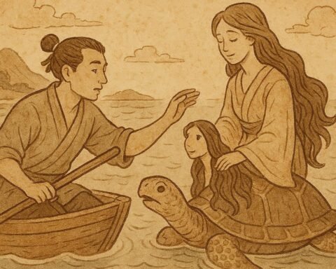 Parchment-style illustration of Tortoise hiding fire in shell with Chameleon, Beninese folktale origin.