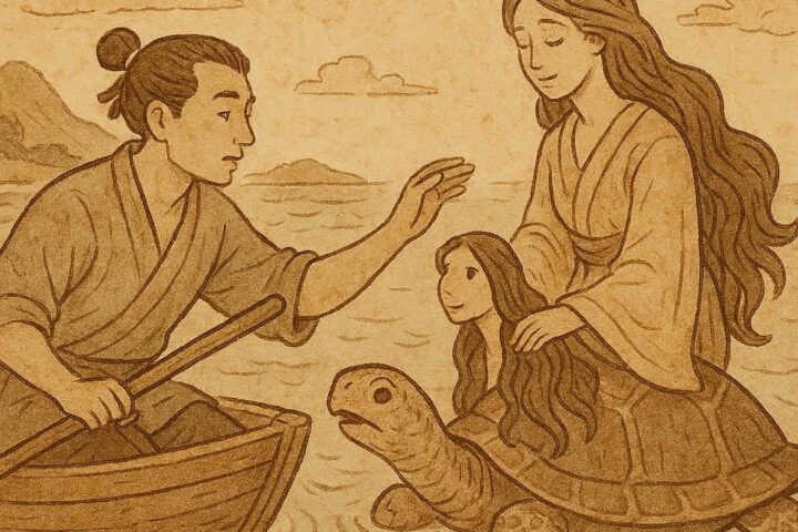 Parchment-style illustration of Tortoise hiding fire in shell with Chameleon, Beninese folktale origin.