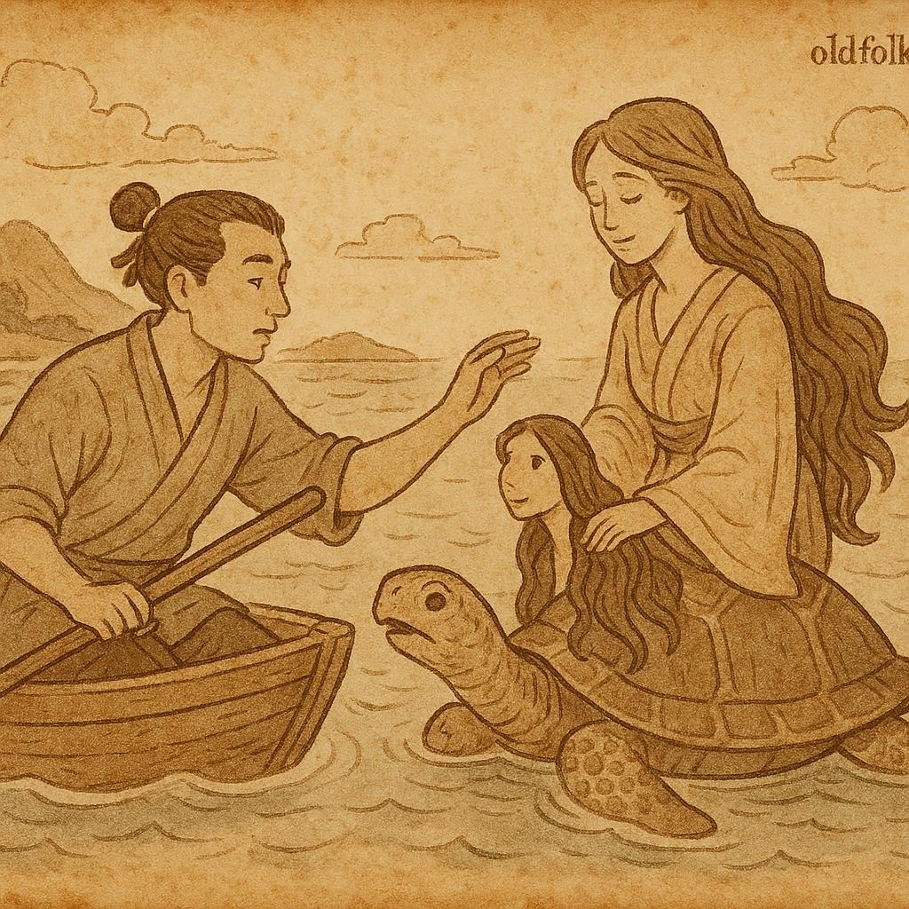 Parchment-style illustration of Tortoise hiding fire in shell with Chameleon, Beninese folktale origin.