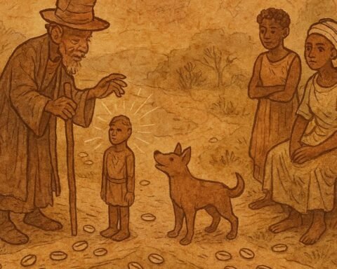 Parchment-style illustration of Legba transforming a carved figure into a dog at a crossroads, West African folktale.