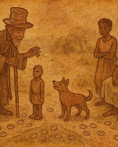 Parchment-style illustration of Legba transforming a carved figure into a dog at a crossroads, West African folktale.