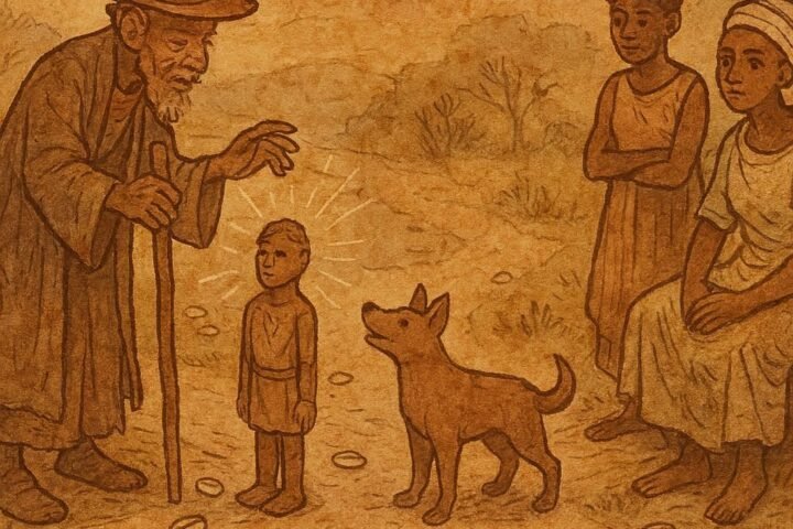 Parchment-style illustration of Legba transforming a carved figure into a dog at a crossroads, West African folktale.