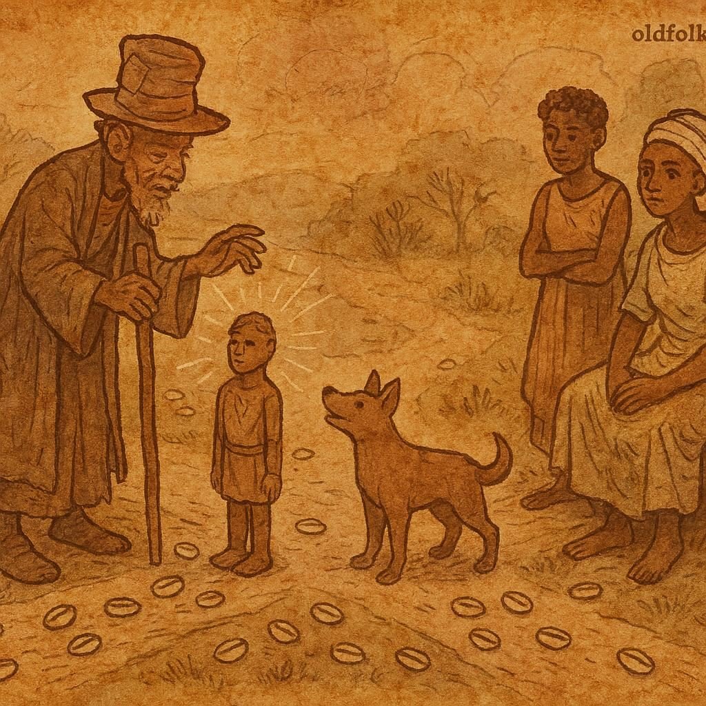 Parchment-style illustration of Legba transforming a carved figure into a dog at a crossroads, West African folktale.