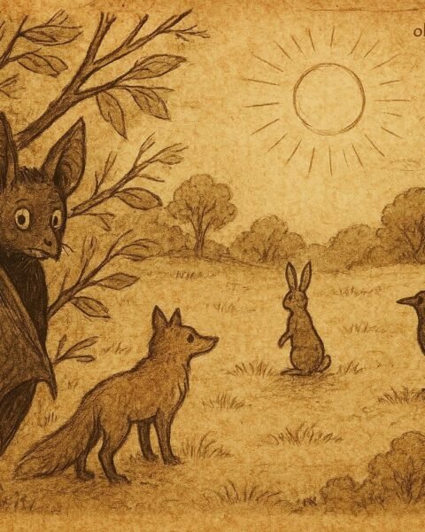 Parchment-style illustration of Bat hiding in branches from angry animals, Nigerian folktale explaining his shame.