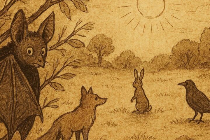 Parchment-style illustration of Bat hiding in branches from angry animals, Nigerian folktale explaining his shame.