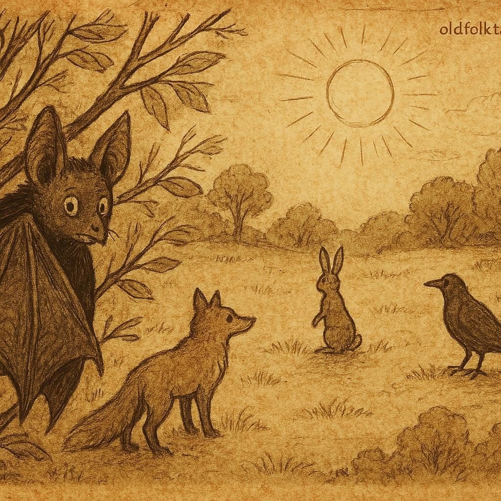 Why the Bat is Ashamed to be Seen in the Daytime – OldFolktales.com | FolktalesAfrica.com Parchment-style illustration of Bat hiding in branches from angry animals, Nigerian folktale explaining his shame.