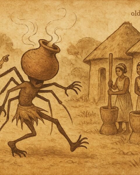 Parchment-style illustration of Kwaku Ananse with pot stuck on head, Ashanti folktale from Ghana.