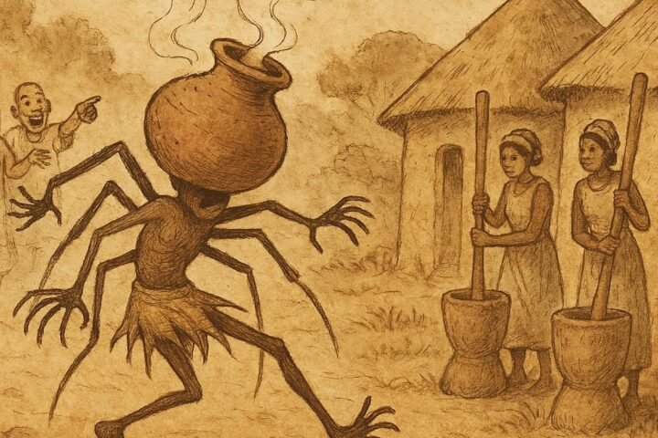 Parchment-style illustration of Kwaku Ananse with pot stuck on head, Ashanti folktale from Ghana.