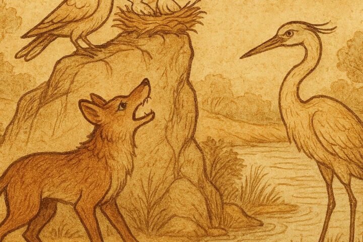 Parchment-style illustration of jackal, dove on a rock, and heron by river, Khoikhoi African folktale scene.