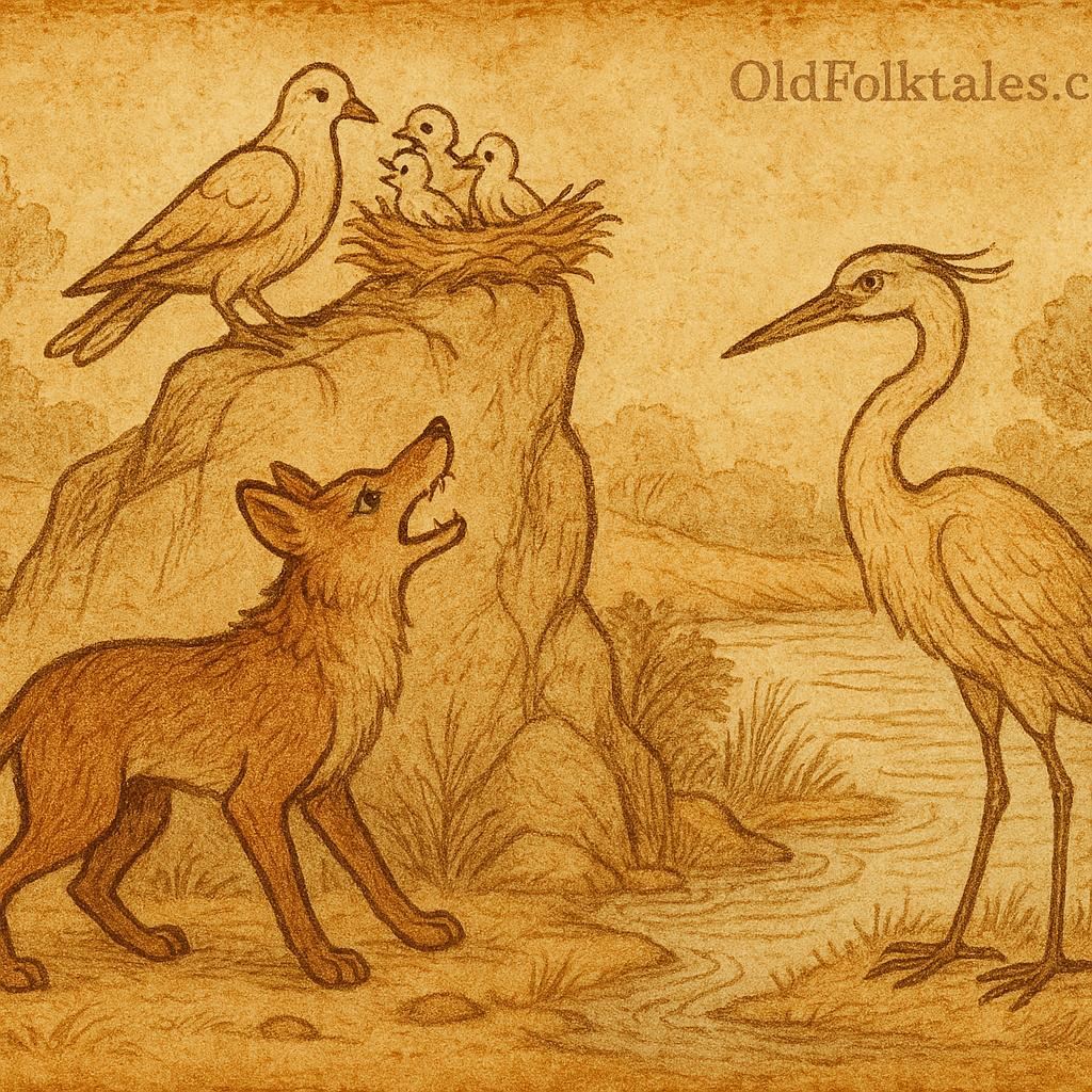 Parchment-style illustration of jackal, dove on a rock, and heron by river, Khoikhoi African folktale scene.