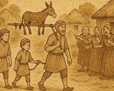 Parchment-style illustration of father and son carrying a donkey, Ashanti folktale, Ghana.