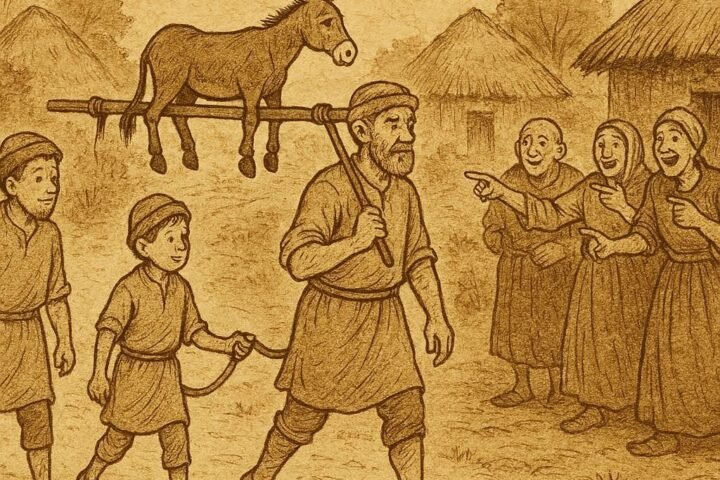 Parchment-style illustration of father and son carrying a donkey, Ashanti folktale, Ghana.