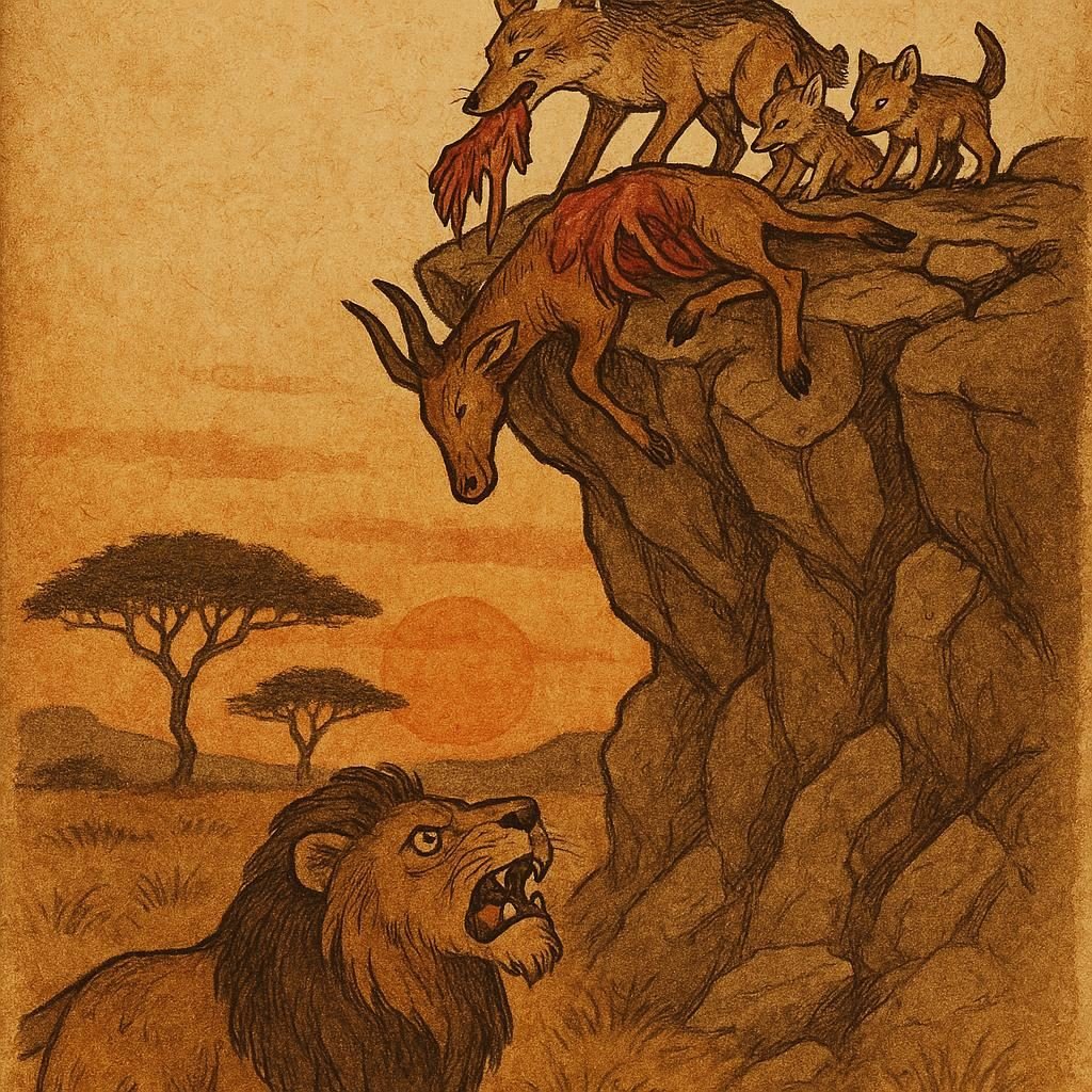 Parchment-style African folktale illustration showing clever Jackal outwitting mighty Lion on a rocky cliff.