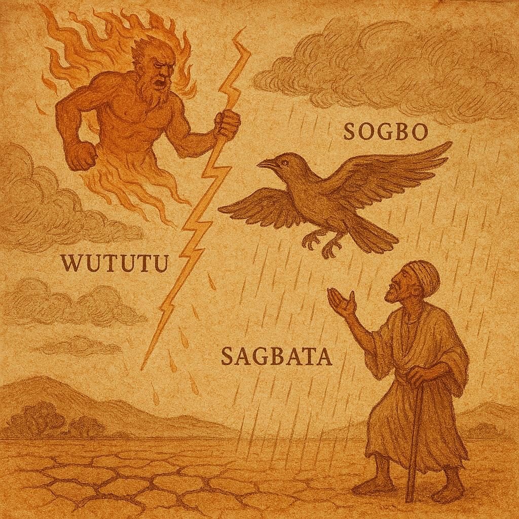 Parchment-style illustration of Sogbo controlling fire and water, Sagbata below, Dahomey folktale origin.