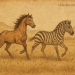 Wild stallion transforming into a zebra in the African veld, Ashanti folktale scene.
