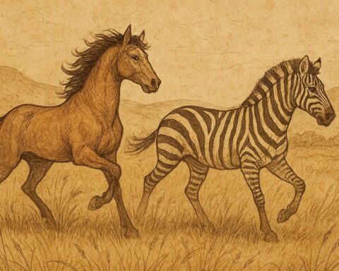 Wild stallion transforming into a zebra in the African veld, Ashanti folktale scene.