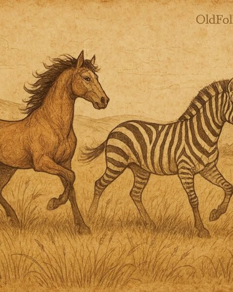 Wild stallion transforming into a zebra in the African veld, Ashanti folktale scene.