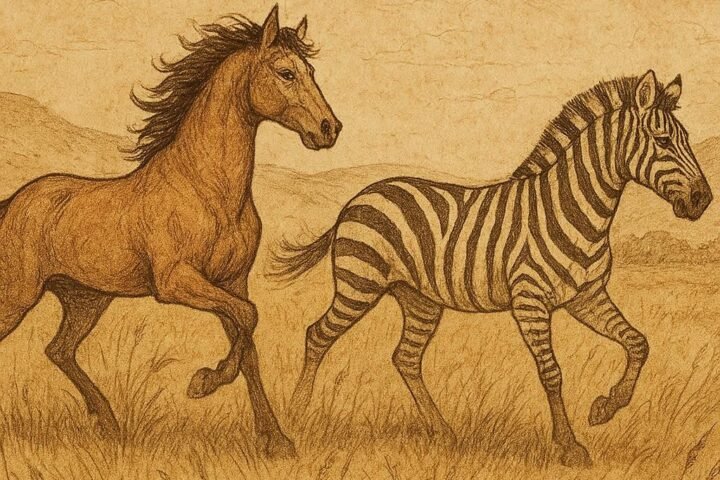 Wild stallion transforming into a zebra in the African veld, Ashanti folktale scene.