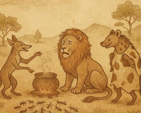 Parchment-style illustration of Jackal, Hyena in cowhide, Lion, and ants, Southern African folktale.