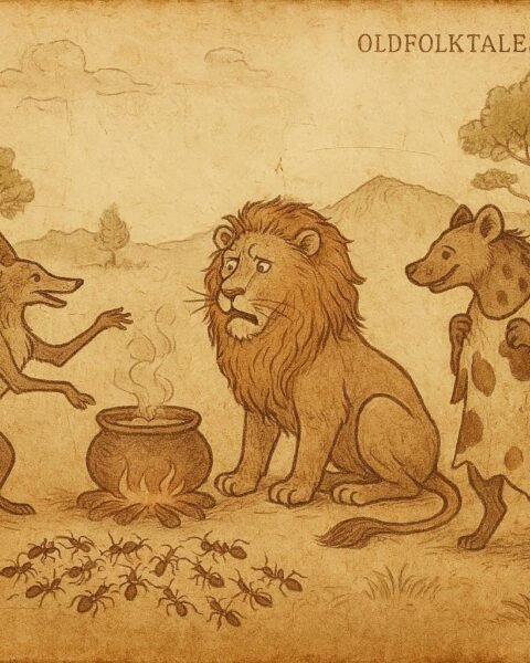 Parchment-style illustration of Jackal, Hyena in cowhide, Lion, and ants, Southern African folktale.
