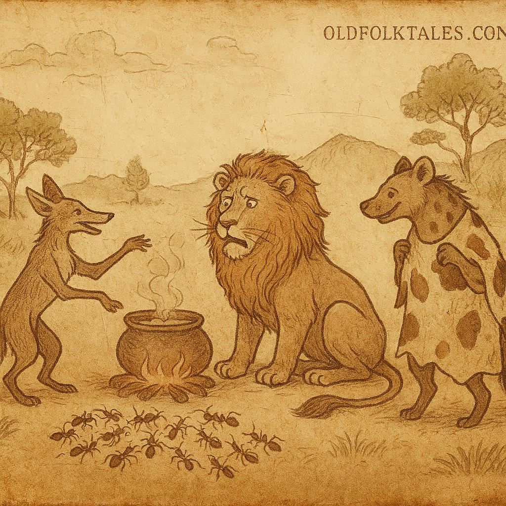 Parchment-style illustration of Jackal, Hyena in cowhide, Lion, and ants, Southern African folktale.