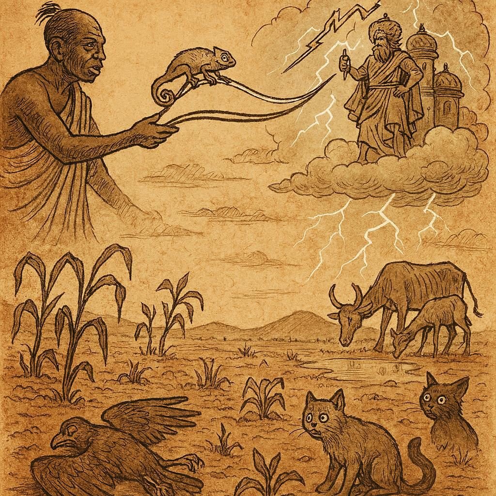 Parchment-style illustration of Sagbata sending Chameleon to Hevioso; Dahomean folktale.