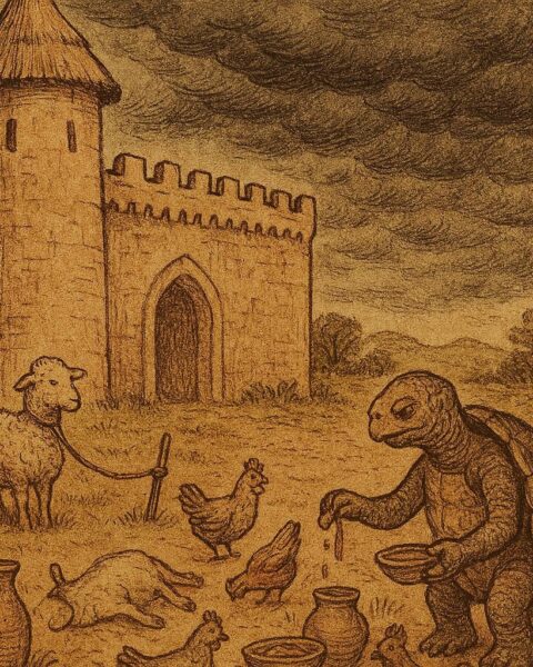 Parchment-style illustration of Lamb bound as Tortoise prepares ritual sacrifice; Beninese folktale, Dahomey kingdom.