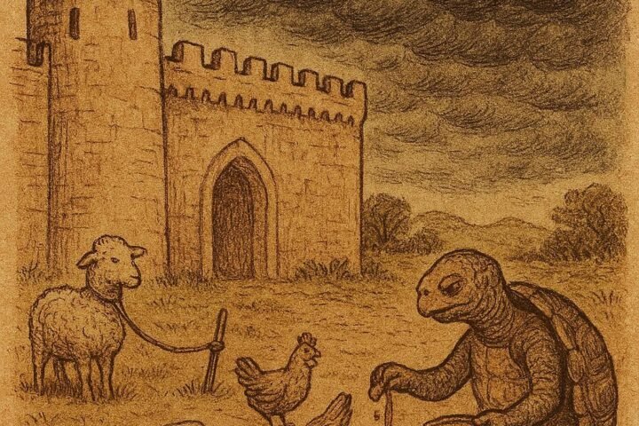 Parchment-style illustration of Lamb bound as Tortoise prepares ritual sacrifice; Beninese folktale, Dahomey kingdom.