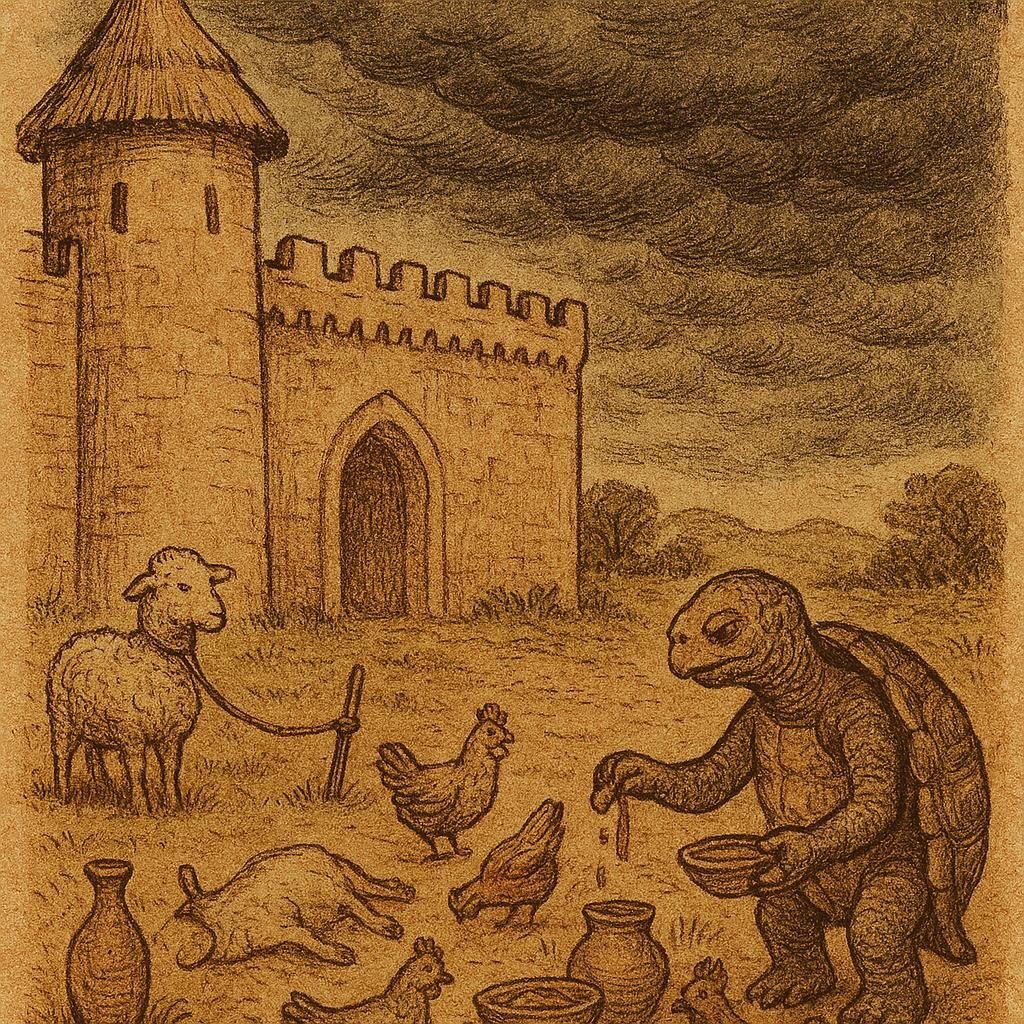 Parchment-style illustration of Lamb bound as Tortoise prepares ritual sacrifice; Beninese folktale, Dahomey kingdom.