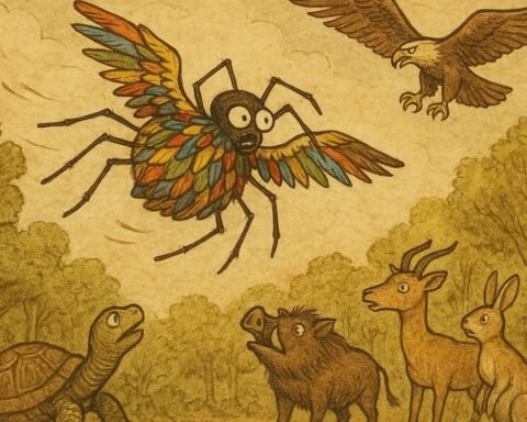 Kwaku Ananse flying with feathers falling, chased by the eagle, while forest animals watch below, Ghanaian folktale.