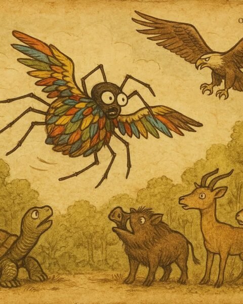 Kwaku Ananse flying with feathers falling, chased by the eagle, while forest animals watch below, Ghanaian folktale.
