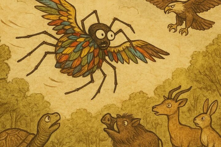 Kwaku Ananse flying with feathers falling, chased by the eagle, while forest animals watch below, Ghanaian folktale.