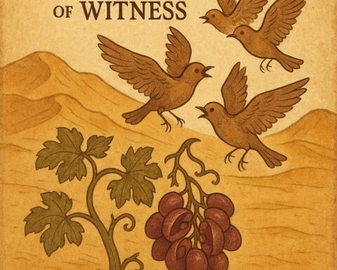 Parchment-style illustration of the magical vine and speaking birds, Algerian folktale, desert setting.