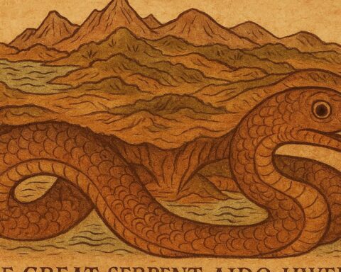 Parchment-style illustration of serpent Aido-Hwedo coiling beneath earth, supporting mountains and seas, Fon creation folktale from Dahomey.