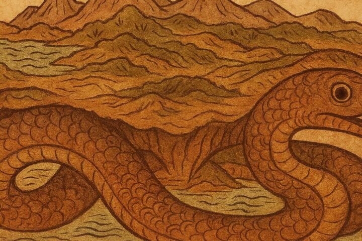 Parchment-style illustration of serpent Aido-Hwedo coiling beneath earth, supporting mountains and seas, Fon creation folktale from Dahomey.
