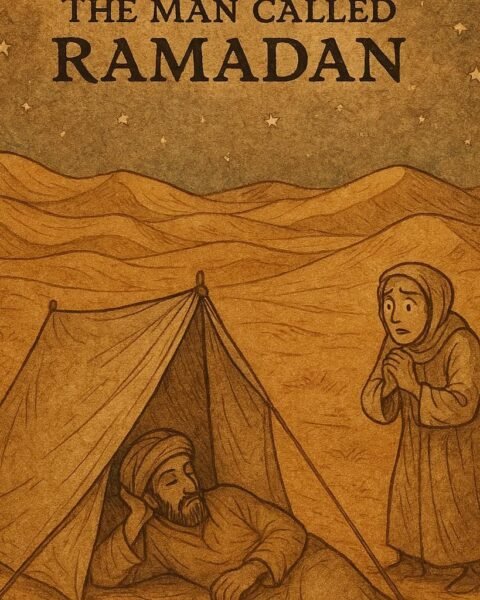 Parchment-style illustration of Ramadan resting in a desert tent, Algerian folktale, Sahara night scene.