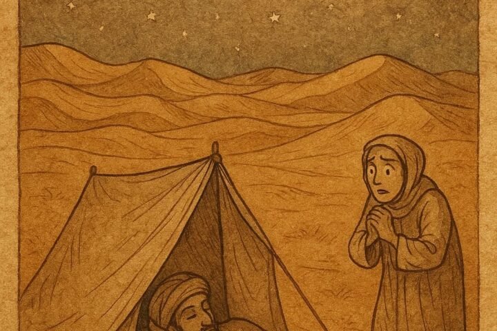 Parchment-style illustration of Ramadan resting in a desert tent, Algerian folktale, Sahara night scene.