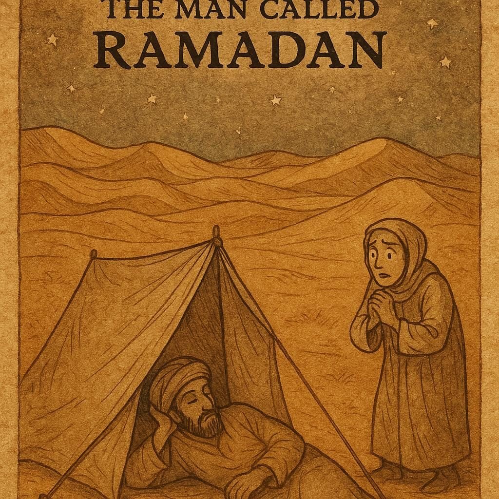 The Man Called Ramadan – OldFolktales.com | FolktalesAfrica.com Parchment-style illustration of Ramadan resting in a desert tent, Algerian folktale, Sahara night scene.