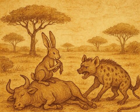 Parchment-style illustration of Senegalese hare and hyena, clever tricks and greedy misadventures in forest and village scenes