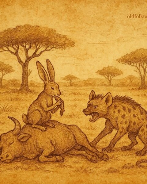 Parchment-style illustration of Senegalese hare and hyena, clever tricks and greedy misadventures in forest and village scenes