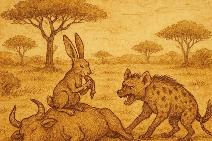 Parchment-style illustration of Senegalese hare and hyena, clever tricks and greedy misadventures in forest and village scenes